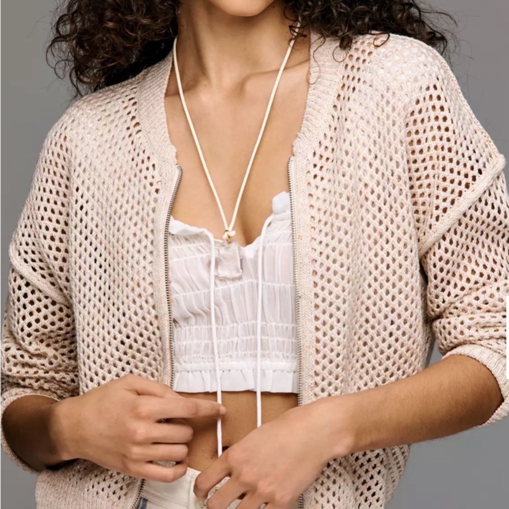 Anthropologie Open-Knit Crochet Cardigan in Light Beige